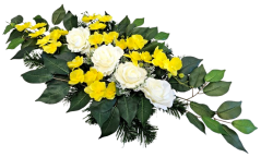 Trauergesteck aus künstliche Rosen, Orchideen und Accessoires 78cm x 38cm x 18cm