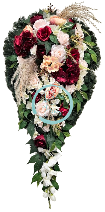 Temetési koszorú "Könny" rózsák, hortenzia, bazsarózsa, kardvirág és kiegészítők 120cm x 60cm