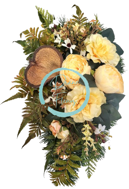 Smútočný aranžmán betonka umelé pivonky, dálie a doplnky 50cm x 28cm x 18cm