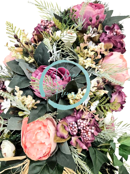 Corona funebre, edera artificiale, peonie, ortensie e accessori, 100 cm x 45 cm, AS899