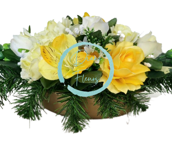 Žalobni aranžman od umjetnih ruža, božuri, alstromerija i dodaci od betona 58cm x 30cm x 22cm