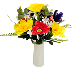 Šopek narcis, perunika, mak 42cm umetni rumena, vijolična, krem, rdeča