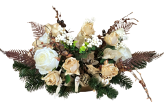 Sympathy arrangement made of artificial Roses, Fern, Berries, Christmas balls and Accessories 75cm x 50cm x 38cm