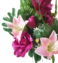 Luxusní kytice plochá růže, lilie, gladiola a doplňky 70cm vínová a ružová
