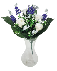 Růže & Levandule kytice x13 34cm modrá, bílá umělá