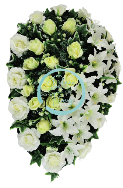 Smútočný veniec s umelými ružami a ľaliami 100cm x 70cm biely, krémová, zelená
