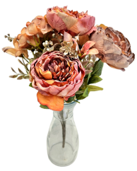 Buchet artificial de bujori, hortensie si accesorii x9 44cm portocaliu, violet