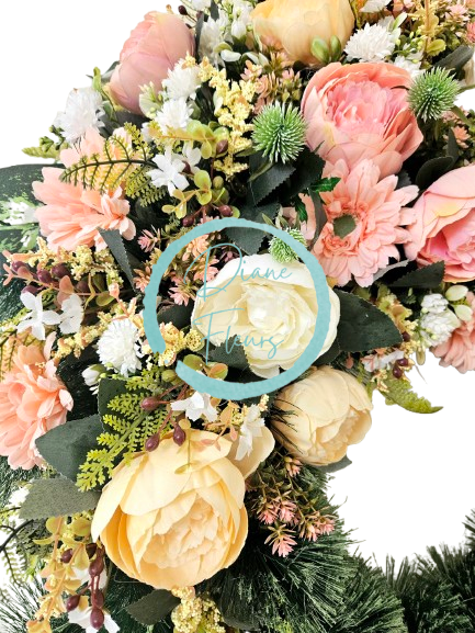 Coroană funerara de pin Exclusiv Bujori artificiali, Gerbere si Accesorii Ø 100cm