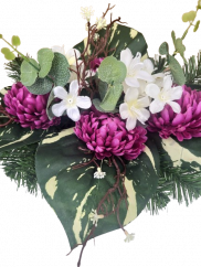 Trauergesteck aus künstliche Chrysanthemen, Gänseblümchen und Zubehör 45cm x 33cm x 20cm