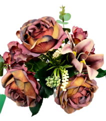Umělá kytice Pivoňky, Lilie, Hortenzie a doplňky 46cm hnědá