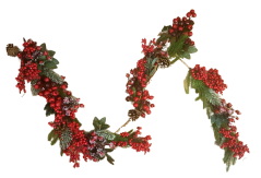 Beautiful Christmas garland with berries, cones and twigs of needles 176cm snowy