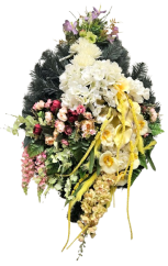 Smútočný veniec "Slza" umelé hortenzie, pivonky, chryzantémy, orchidey a doplnky 100cm x 55cm