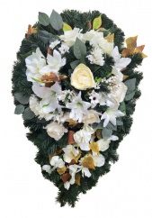 Smuteční věnec "List" z umělých růží, lilií, gladiol a doplňky 100cm x 55cm
