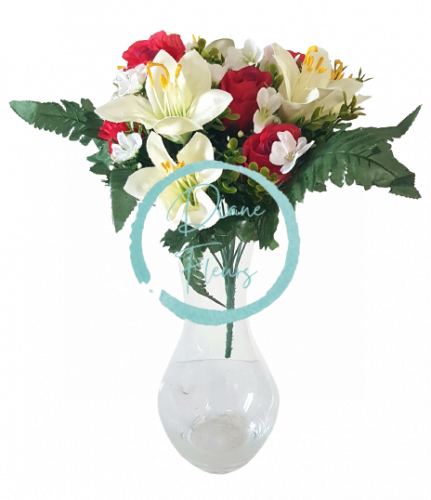 Artificial Roses & Lilies Bouquet x13 32cm Red and Cream