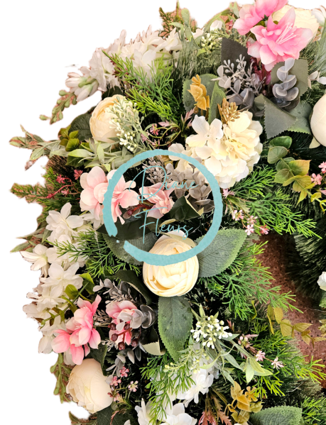 Künstliche Trauerkranz Herz Exklusiv Pfingstrosen, Delphinium und Zubehör 100cm x 90cm