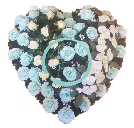 Smuteční věnec "Srdce" z umělých růží a orchidejí 80cm x 80cm tyrkysový & krémový