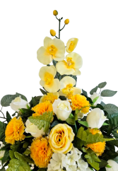 Žalni aranžma umetni nageljni, vrtnice, hortenzije, orhideje in dodatki 70cm x 50cm x 45cm
