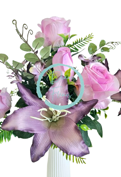 Umelá kytica Ruža & Ľalia x12 48cm fialová umelá