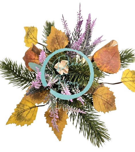 Podzimní umělá vázaná kytice vřes, jehličí a doplňky 25cm x 25cm