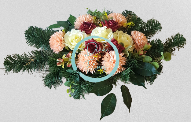 Aranžmán betonka umelé chryzantémy, ruže & doplnky 60cm x 25cm x 15cm