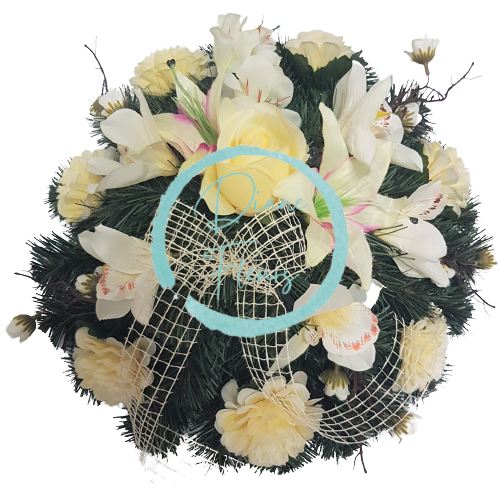Smútočný veniec 35cm Ruže & Ľalie & Doplnky