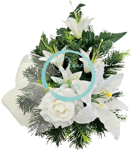 Sympathy arrangement made of artificial Roses, Lilies and Accessories Ø 30cm x 26cm