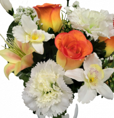 Buchet de trandafiri, garoafe, crini si orhidee x13 33cm portocaliu, crem flori artificiale