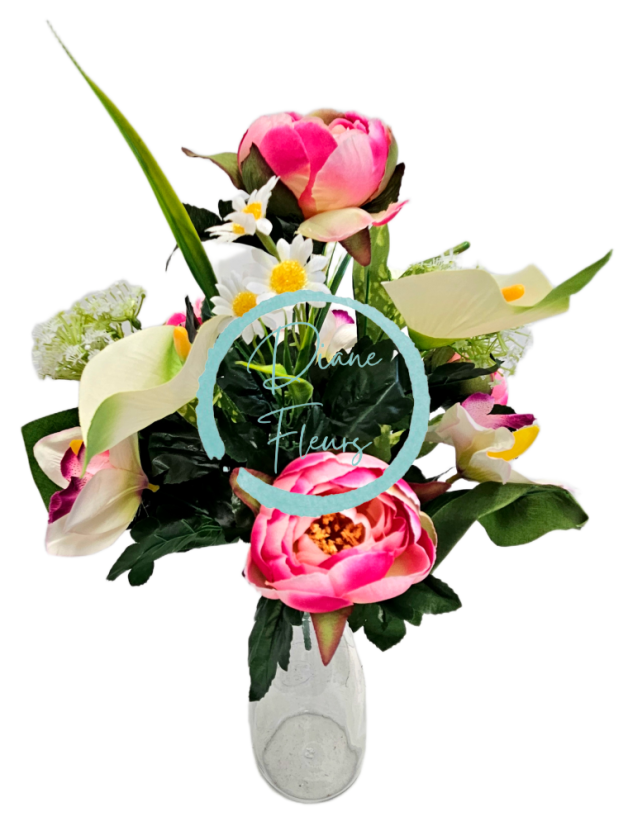 Buchet artificial Bujor, Alstromeria, Calla și accesorii 42cm roz