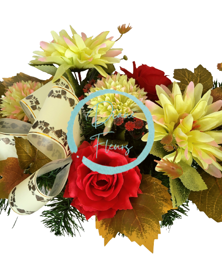 Žalobni aranžman umjetne krizanteme, ruže i dodaci 48cm x 28cm x 20cm