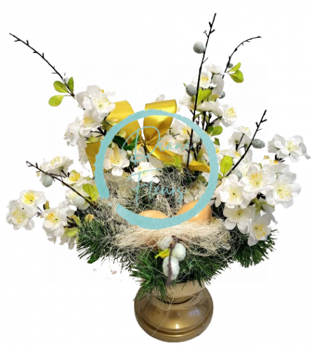 Sympathy arrangement made of Artificial Cherry, Easter eggs and Accessories 42cm x 32cm x 44cm