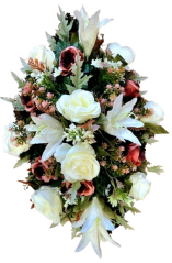 Krásný smútočný umelý veniec ruže, ľalie a doplnky 70cm x 40cm x 25cm