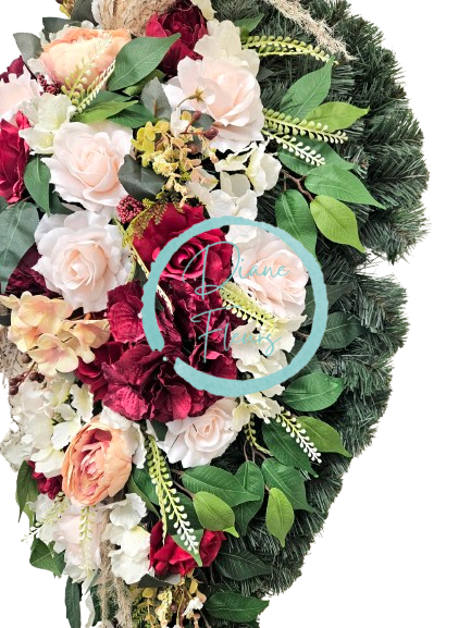 Coroana funerara „Lacrimă” din trandafiri, hortensii, bujori, gladiole si accesorii 120cm x 60cm
