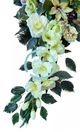 Smuteční věnec esíčko umělé růže, gerbery, gladioly mečíky a doplňky 150cm x 50cm