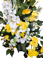 Luxus Díszített betontál fenyőből krizantém, bazsarózsa, százszorszép, orchidea és kiegészítők 78cm x 30cm x 24cm-KOPIE