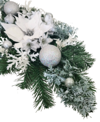 Vianočný aranžmán betonka umelá poinsettia vianočná ruža & vianočné guľe & doplnky 60cm x 30cm x 20cm