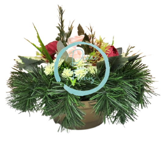 Траурна аранжировка от бетон, изкуствени божури, рози и аксесоари 30см x 18см AS553