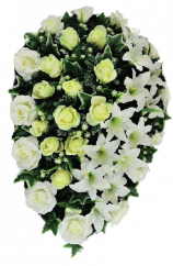 Smútočný veniec s umelými ružami a ľaliami 100cm x 70cm biely, krémová, zelená