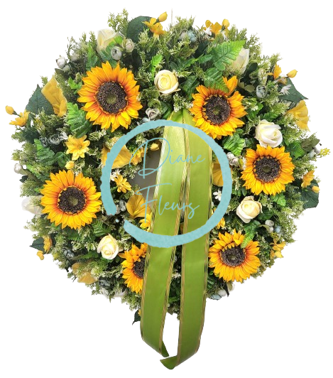 Coroană artificială de pin de lux Decorată exclusiv cu floarea soarelui, trandafiri, camelii, margarete și accesorii 90cm