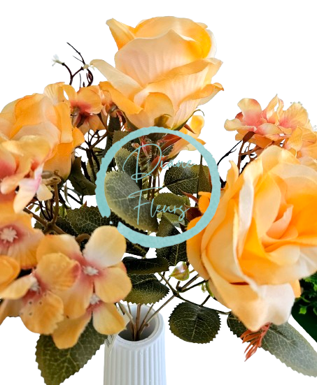 Ruža a Hortenzia kytica x7 44cm oranžová umelá