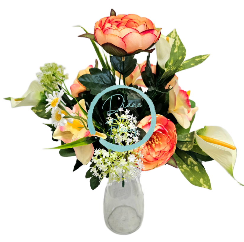 Mazzo artificiale di peonia, alstroemeria, calla e accessori 42 cm pesca