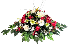 Großes Trauergesteck aus künstliche Gänseblümchen, Rosen, Gerberen und Accessoires 90cm x 50cm x 28cm