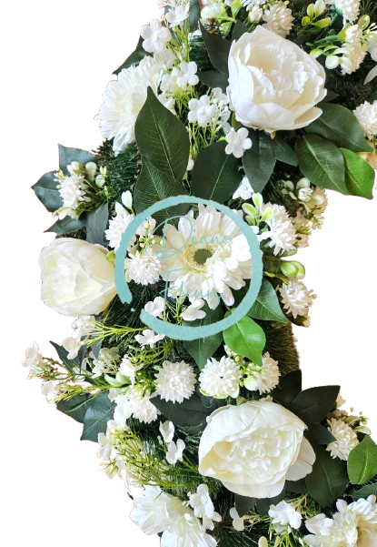 Luxusný smútočný veniec borovicový exclusive peonie pivonky, gerbery a doplnky Ø 90cm