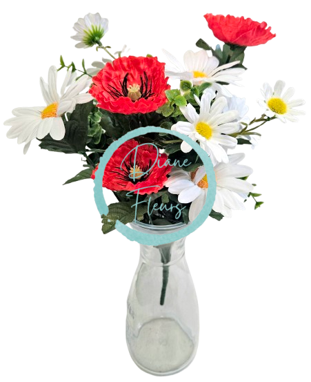 Buchet de Margarete şi Maci x12 41cm roşu, alb flori artificiale