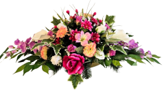 Luxuriöse Trauergesteck aus künstliche Rosen, Gänseblümchen, Nelken, Alstromerien, Calla Lilien, Gladiolen und Accessoires 105cm x 50cm x 40cm