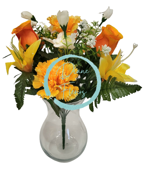 Bukiet róż, goździków, lilii i orchidei x13 33cm pomarańczowy, żółty sztuczny