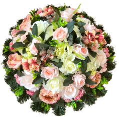 Coroana funerara Inel trandafiri artificiali, bujori, hortensii și accesorii Ø 60cm