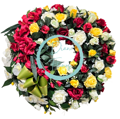 Luxusný smútočný veniec borovicový exclusive ruže, gladioly, orchidey a doplnky 80cm