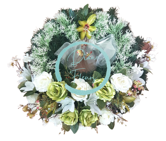 Coroana cu trandafiri si crini artificiali și accesorii Ø 60cm crem, maro, verde