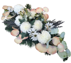 Trauergesteck aus künstliche Chrysanthemen, Gänseblümchen, Kamelie und Zubehör 70cm x 35cm x 25cm