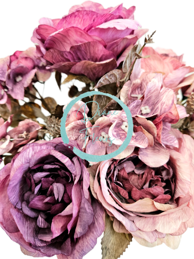 Artificial Roses & Hydrangea Bouquet 48cm Purple, Pink